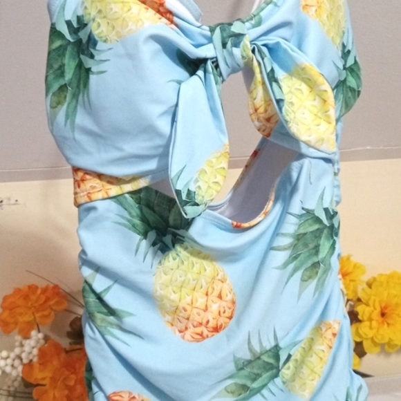 TEMPT ME YELLOW PINEAPPLE BLUE CUT-OUT HALTER MONOKINI SWIMSUIT SIZE SMALL NWT - Picture 4 of 8